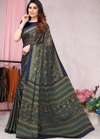 Printed Chiffon Saree In Navy Blue price in bangladesh