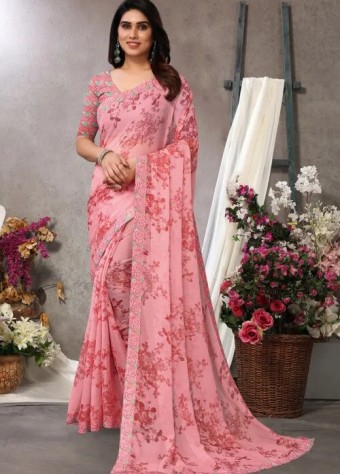 Printed Chiffon Saree In Peach price in bangladesh