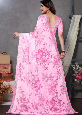 Printed Chiffon Saree In Pink  price in bangladesh