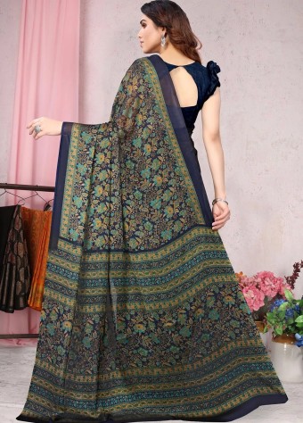 Printed Chiffon Saree In Navy Blue  price in bangladesh