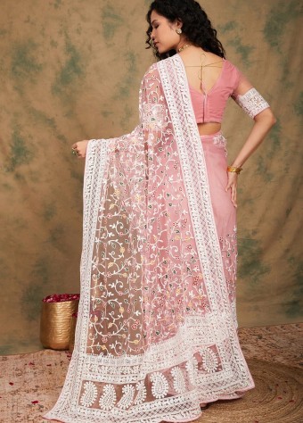 Embroidered Net Saree In Pink  price in bangladesh