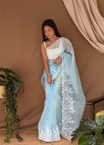 Pure Soft Organza Net Saree In Light Sky Blue price in bangladesh