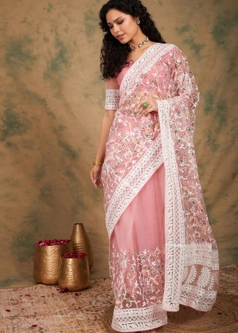 Embroidered Net Saree In Pink price in bangladesh