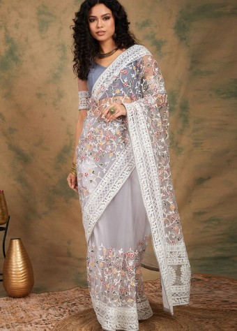 Embroidered Net Saree In Gray price in bangladesh