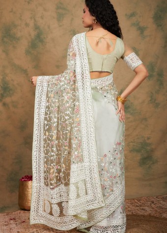 Embroidered Net Saree In Light Green  price in bangladesh