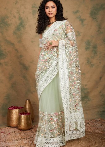 Embroidered Net Saree In Light Green price in bangladesh