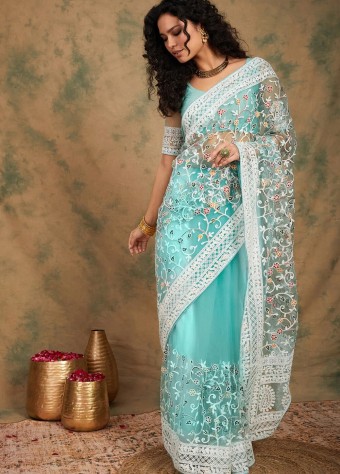 Embroidered Net Saree In Sky Blue price in bangladesh