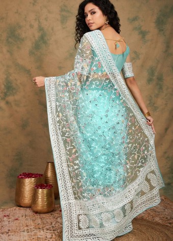Embroidered Net Saree In Sky Blue  price in bangladesh