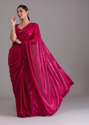 Rani Pink Sequins Georgette Designer Saree price in bangladesh