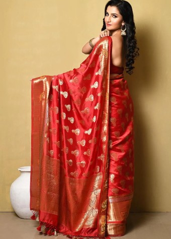 Woven Katan Silk Saree In Red  price in bangladesh