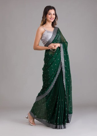 Bottle Green Stonework Georgette Designer Saree price in bangladesh