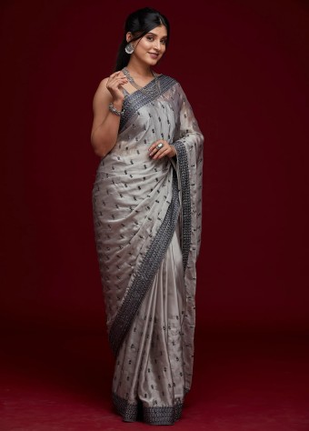 Off White Zari Work  Sequins Georgette Designer Saree price in bangladesh