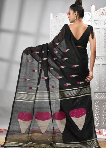 Handloom Cotton Jamdani Saree In Black  price in bangladesh