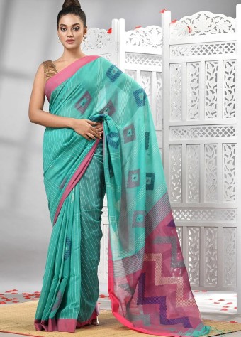 Handloom Cotton Jamdani Saree In Light Teal Blue price in bangladesh