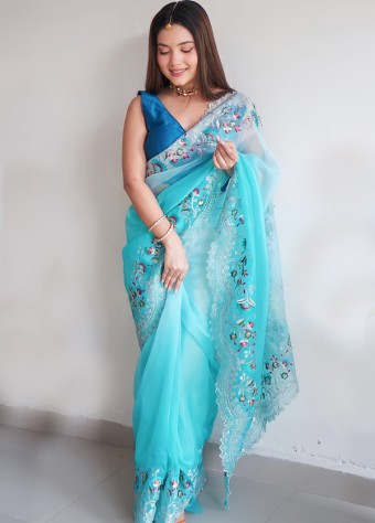 Pure Soft Organza Net Saree In Greenish-Blue price in bangladesh