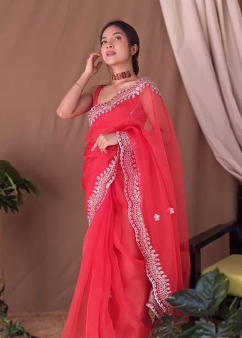 Pure Soft Organza Net Saree In Red  price in bangladesh